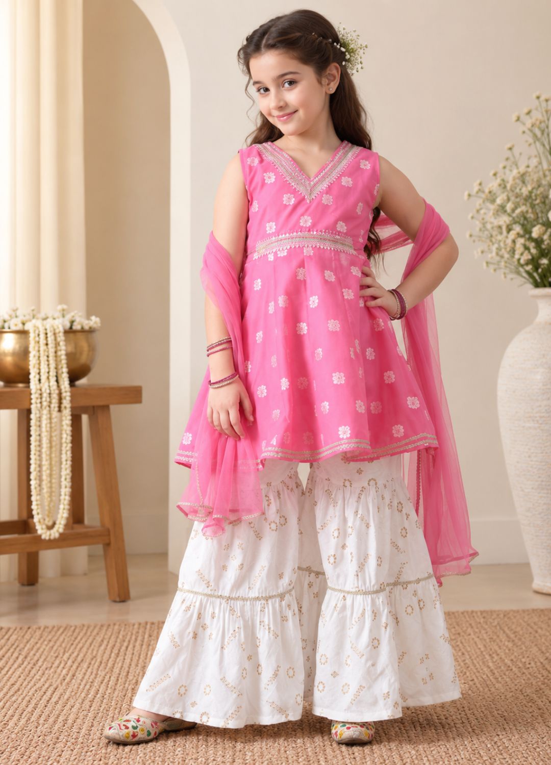 Girls Ethnic Motifs Printed Gotta Patti Chanderi Cotton Kurta with Sharara & Dupatta