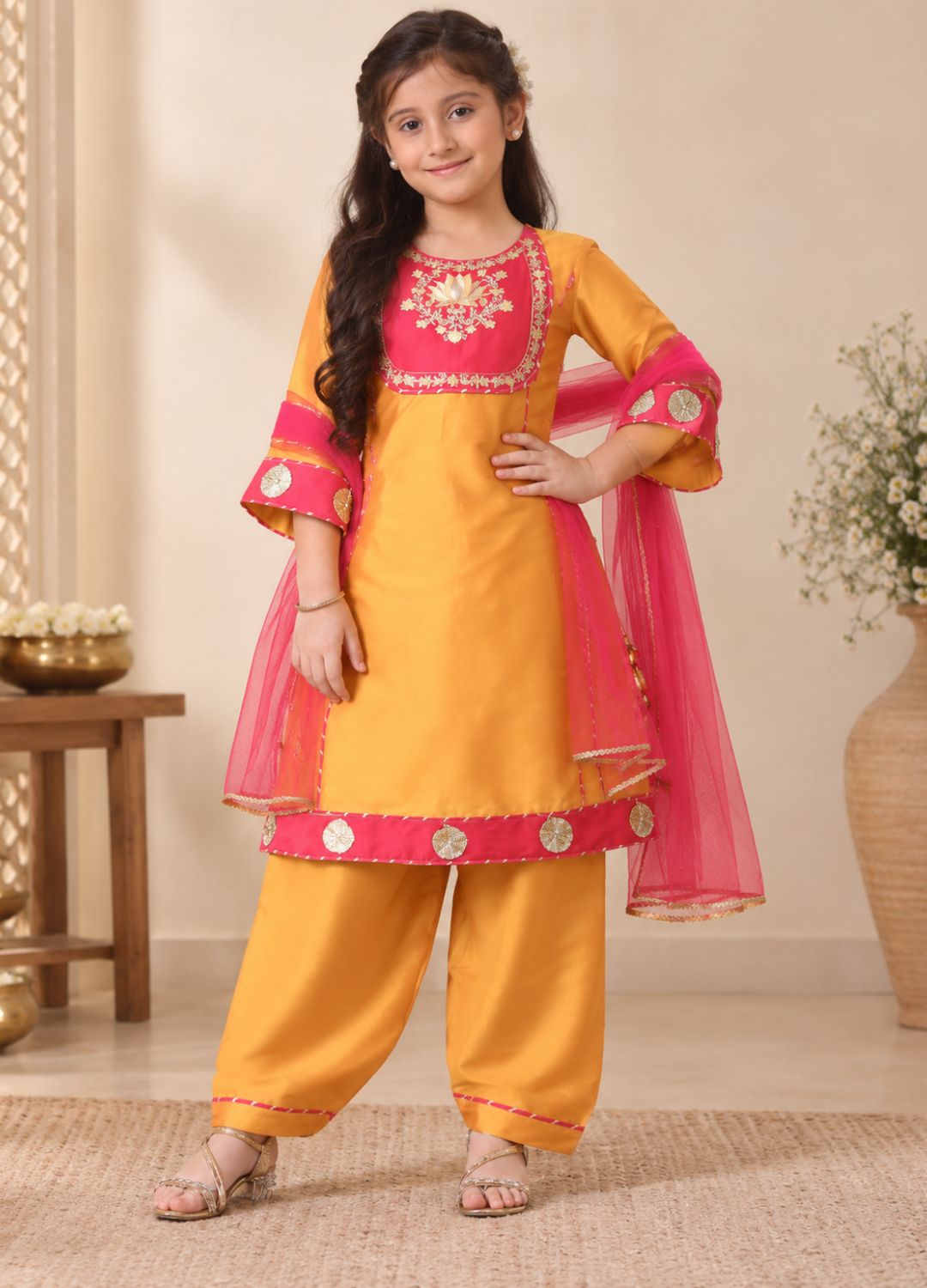 Girls Embellished Silk Kurta with Salwar & Dupatta