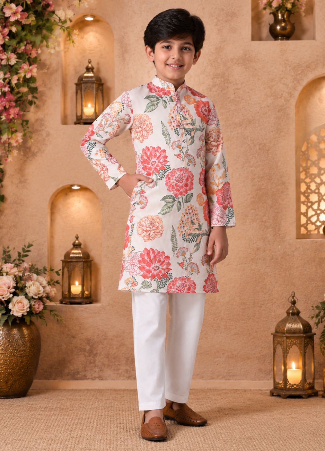 Boys Floral Printed Kurta with Pyjamas