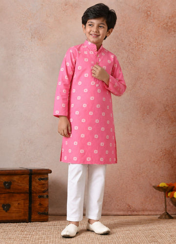 Boys Ethnic Motifs Dyed Regular Chanderi Cotton Kurta with Trouser