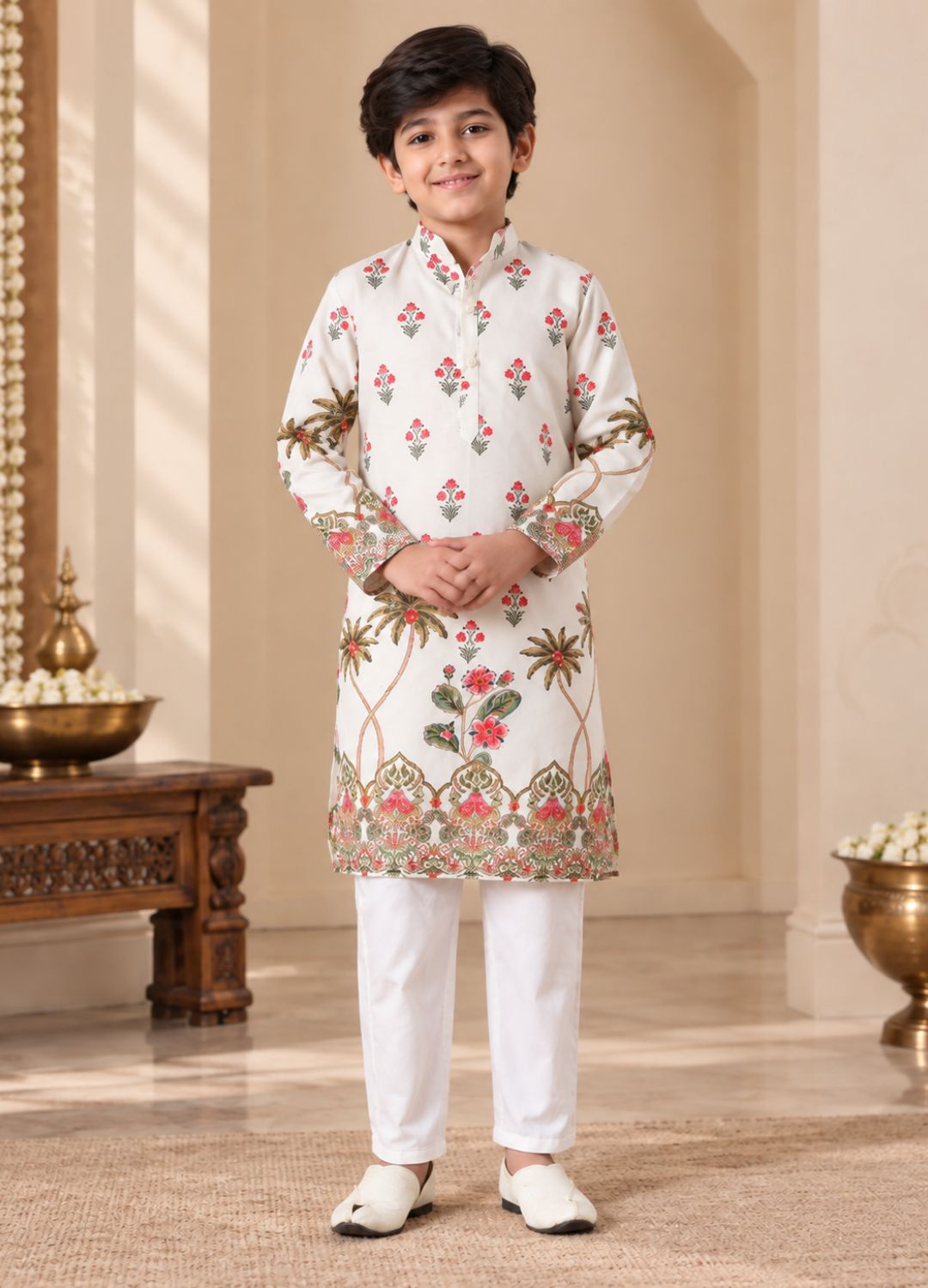 Boys Ethnic Motifs Printed Regular Poly Silk Kurta with Pyjamas