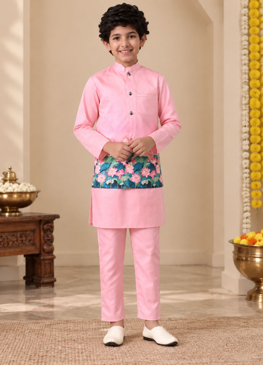 Boys Floral Printed Regular Pure Cotton Kurta with Trousers & Jacket