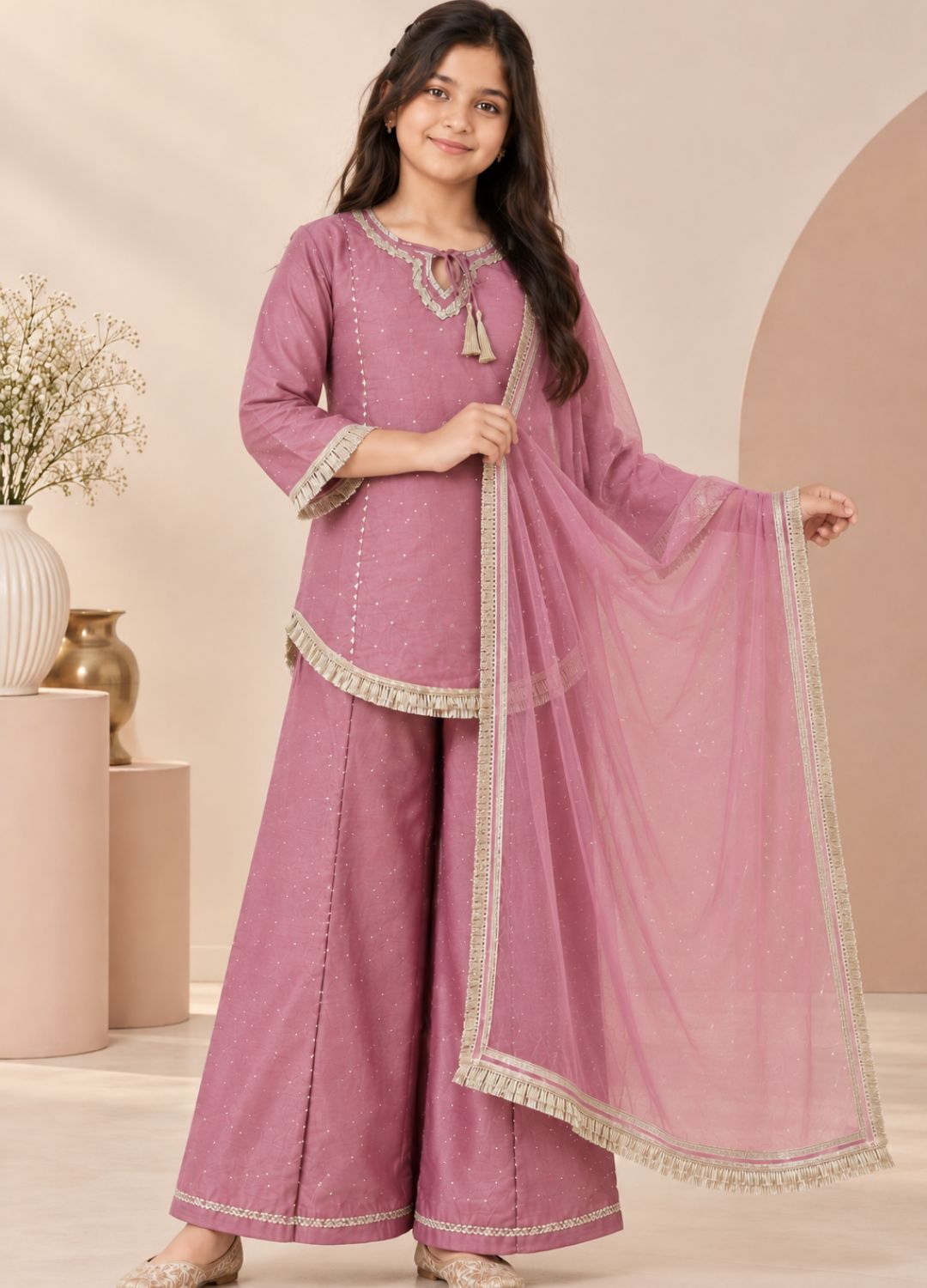 Girls Pink Embellished Kurta with Sharara & Dupatta