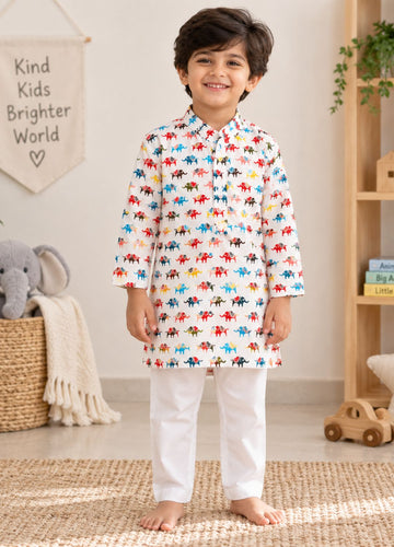 Boys Elephant Printed 100% Cotton Kurta with Pyjamas