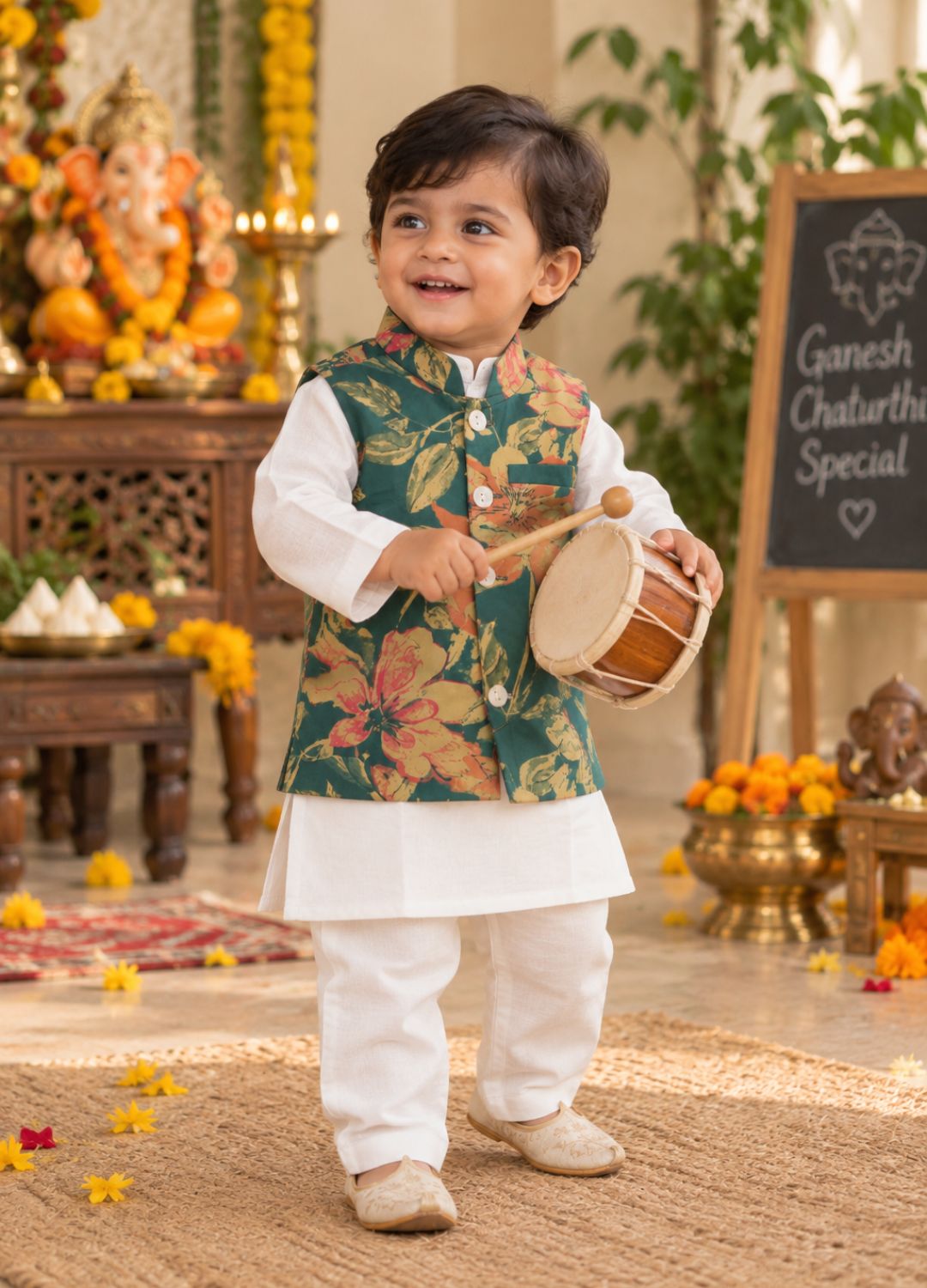 Boys Floral Printed 100% Cotton Kurta with Trousers & Nehru Jacket