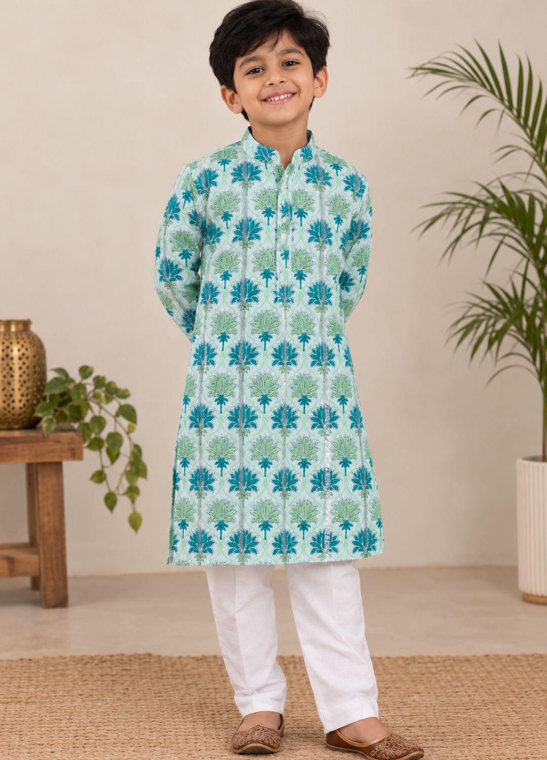 Boys Floral Printed 100% Cotton Kurta with Trousers