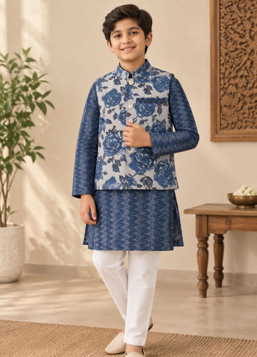 Boys Printed 100% Cotton Kurta with Trousers & Floral Nehru Jacket