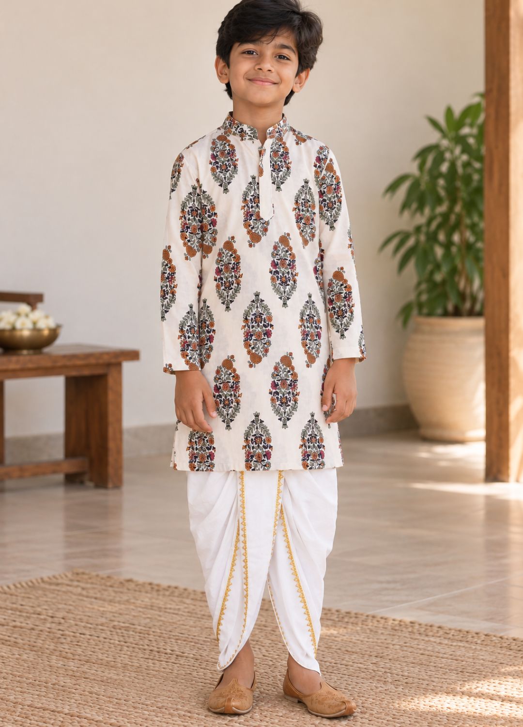 Boys Ethnic Motifs Printed 100% Cotton Kurta with Dhoti