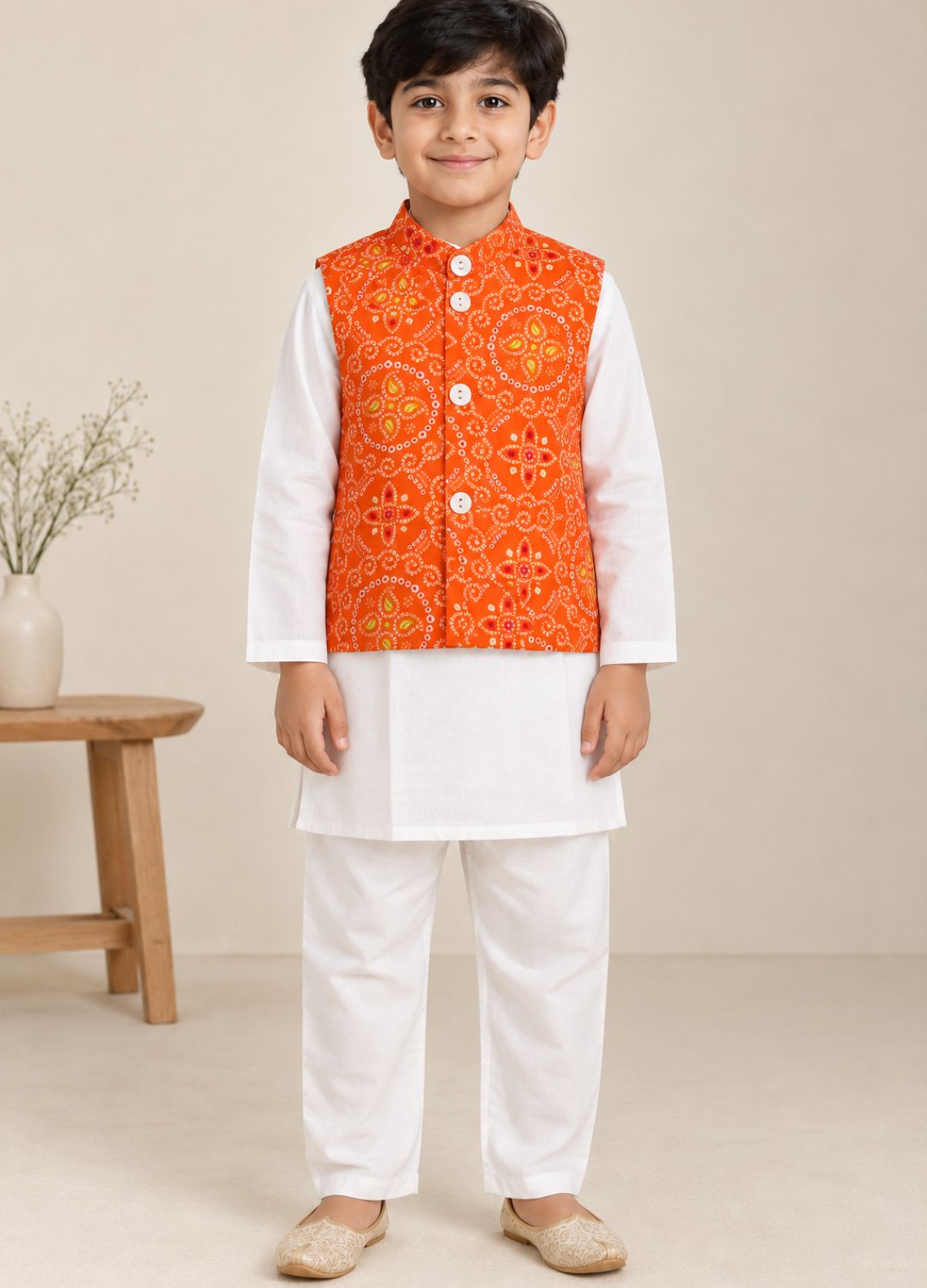 Boys Bandhani Print 100% Cotton Kurta with Pyjamas & Nehru Jacket