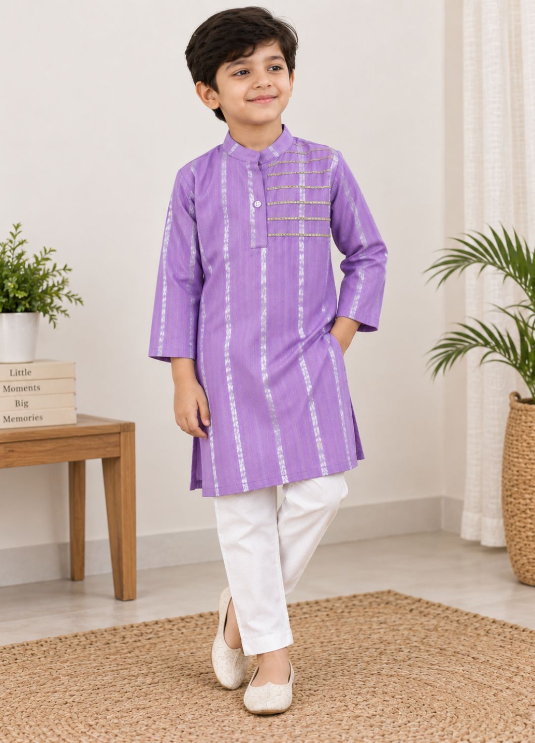 Boys Striped 100% Cotton Kurta with Trousers