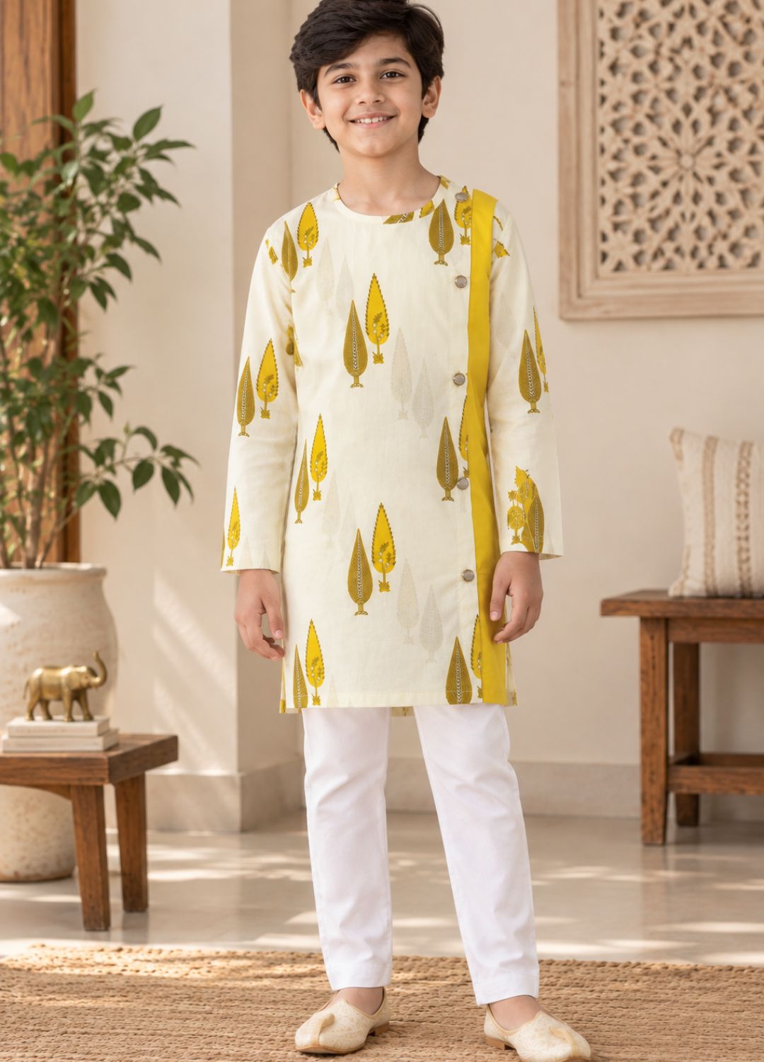 Boys Ethnic Motifs Printed Pure Cotton Kurta with Trousers