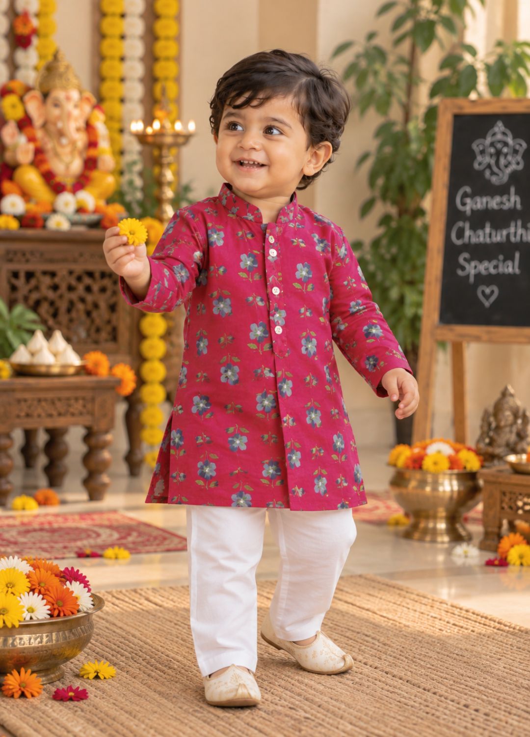 Boys Floral Printed 100% Cotton Kurta with Trousers & Nehru Jacket