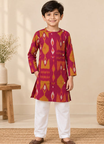 Boys Ikat-Inspired Printed 100% Cotton Kurta with Trousers