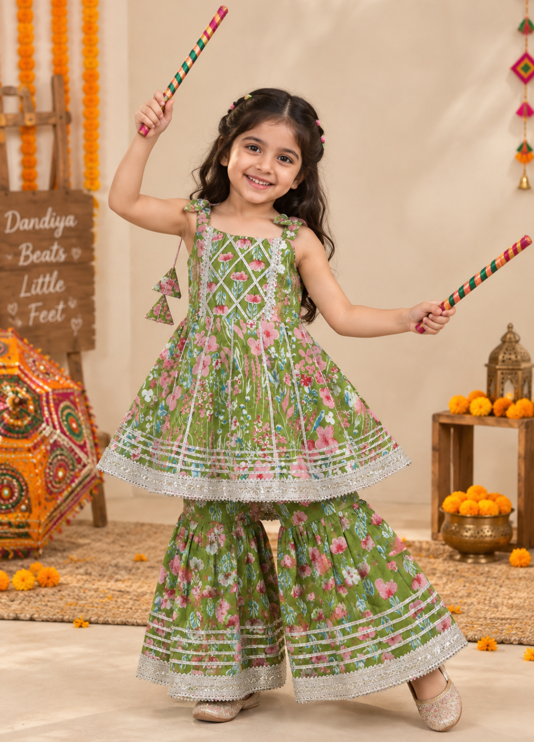 Girls Floral Printed 100% Cotton Kurti with Sharara