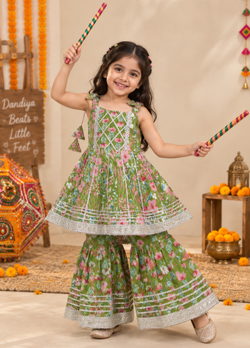 Girls Floral Printed 100% Cotton Kurti with Sharara
