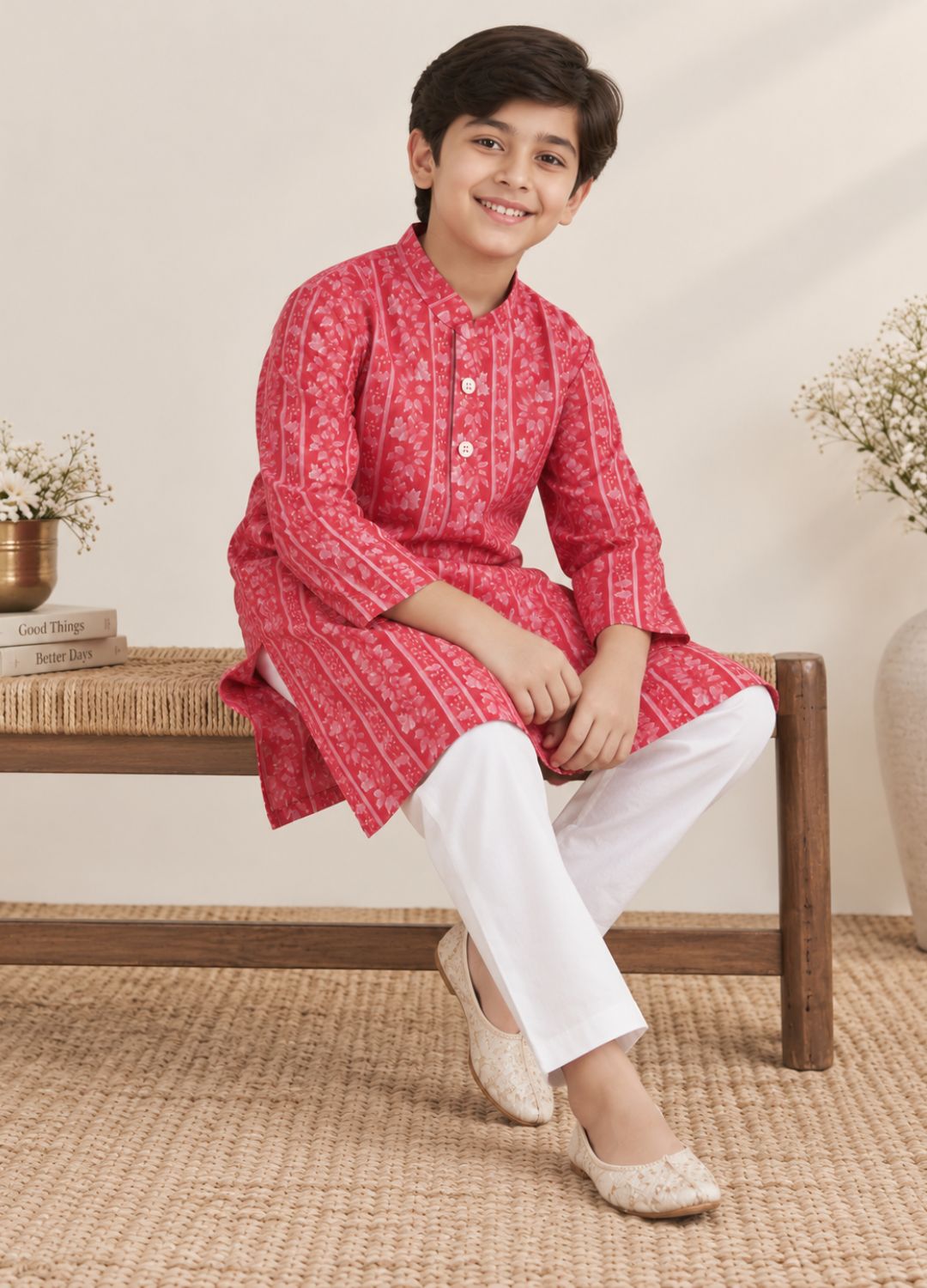 Boys Floral Striped Printed 100% Cotton Kurta with Trousers