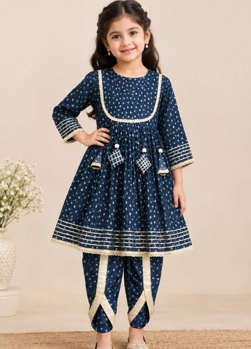 Girls Ethnic Printed 100% Cotton Kurta with Dhoti
