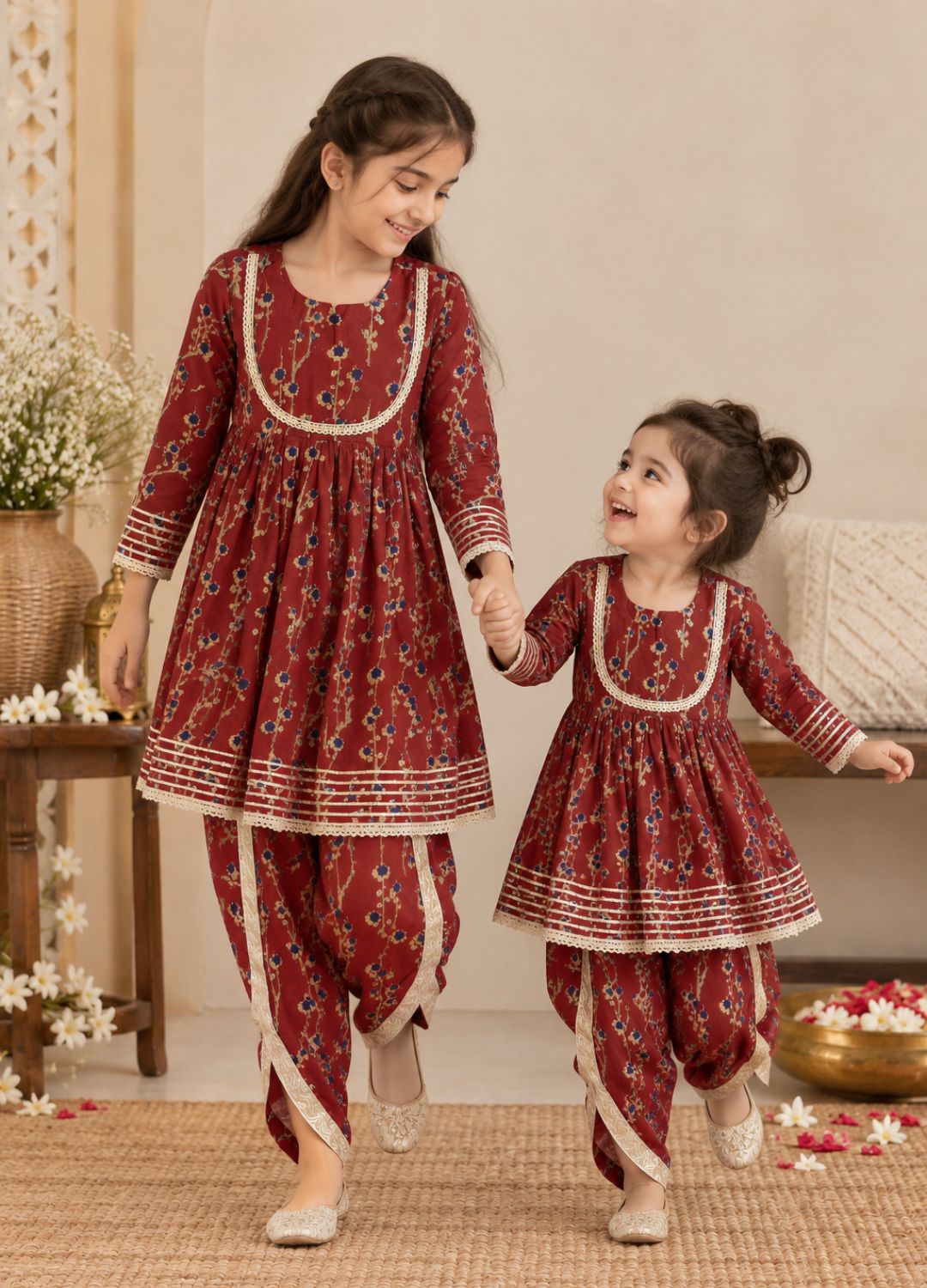 Girls Floral Printed 100% Cotton Kurti with Dhoti