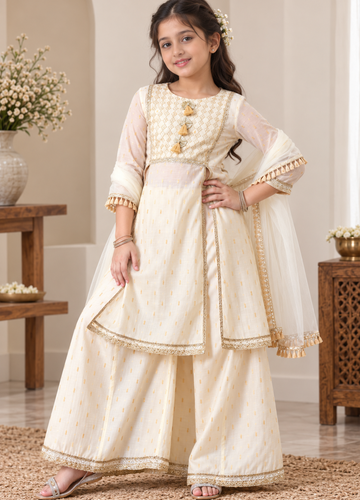 Girls Ethnic Motifs Thread Work Chanderi Silk Kurta with Palazzos & Dupatta
