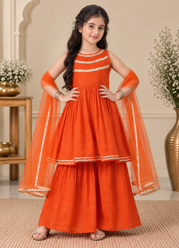 Girls Regular Thread Work Pure Cotton Kurta with Sharara & Dupatta