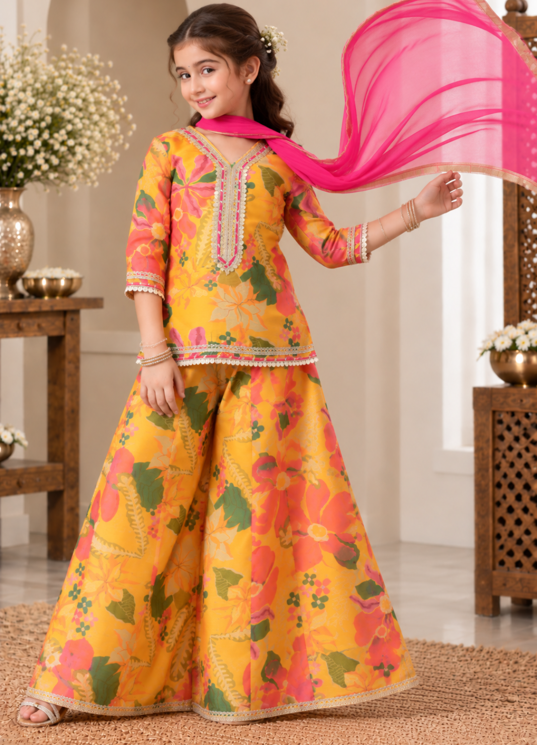 Girls Yellow Floral Gotta Patti Printed Sharara Set