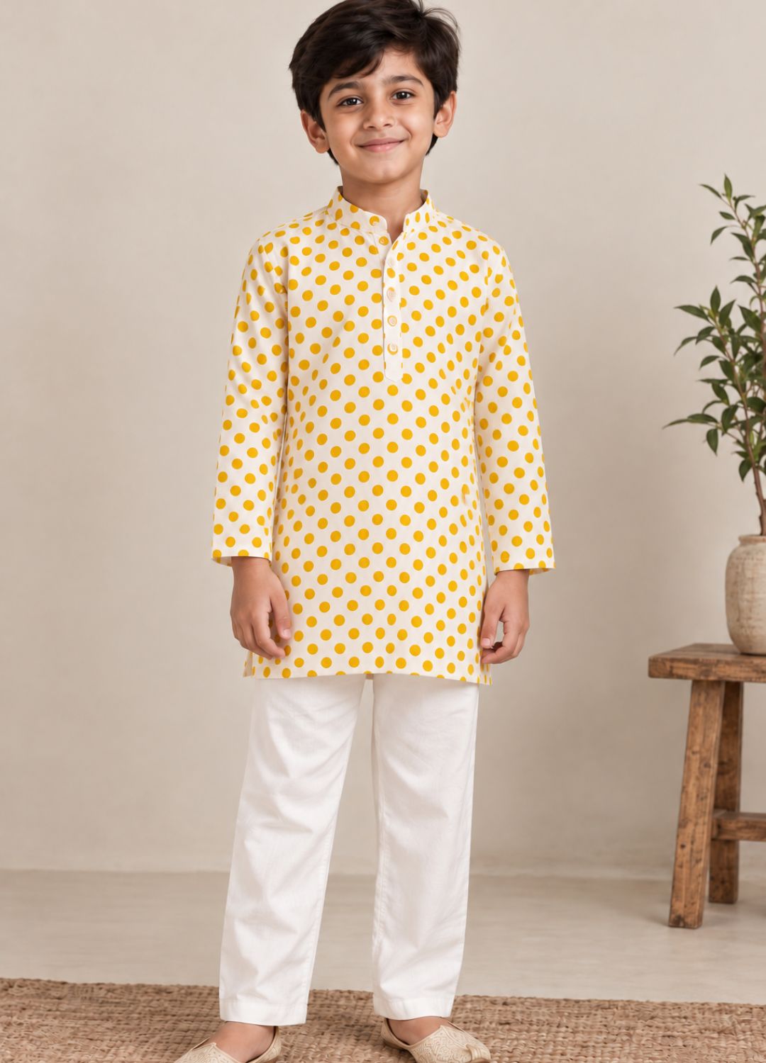 Boys Polka Dot Printed 100% Cotton Kurta with Pyjamas