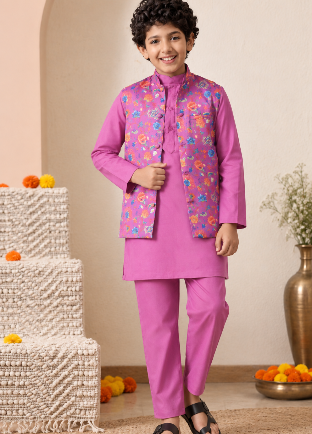 Boys Solid Pure Cotton Kurta with Pyjamas & Printed Nehru Jacket