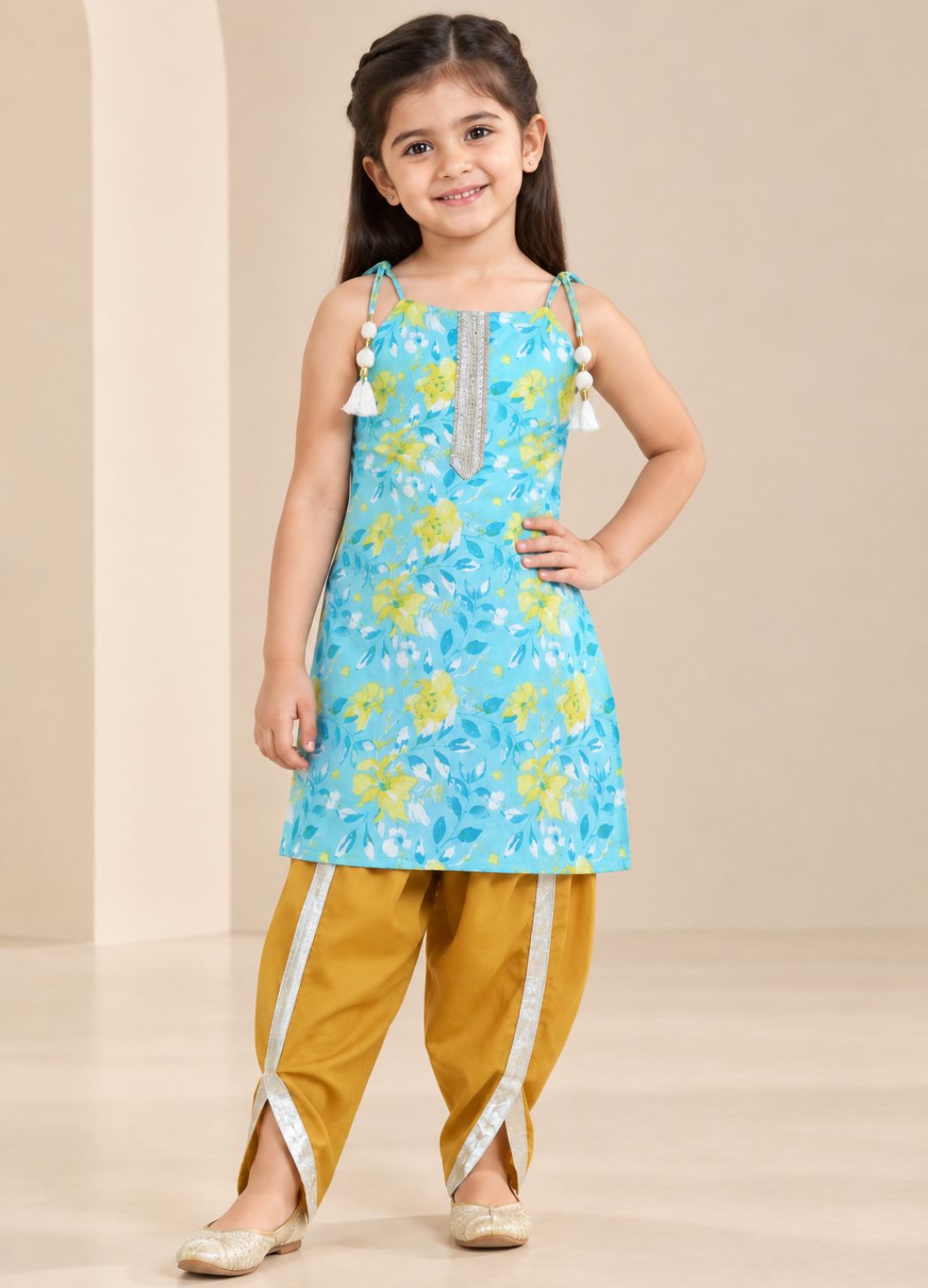 Girls Floral Printed 100% Cotton Kurti with Mustard Dhoti