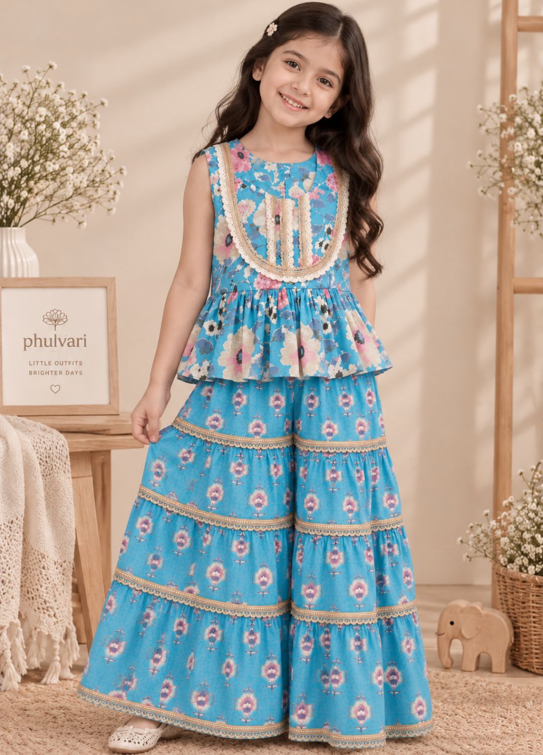 Girls Floral Printed 100% Cotton Peplum Kurta with Sharara