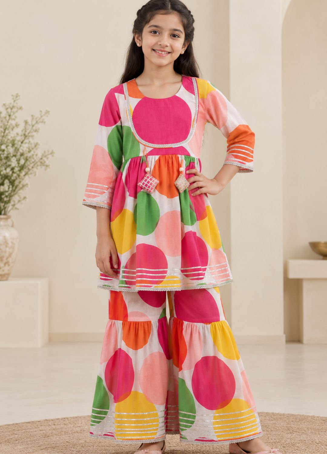 Girls Multicolour Polka Dot Printed 100% Cotton Kurti with Sharara
