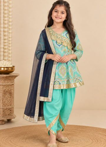 Girls Printed Angrakha Kurti with Dhoti & Dupatta