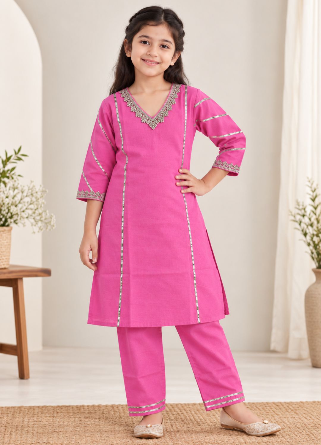 Girls Gota Patti Detailed 100% Cotton Kurta with Palazzo