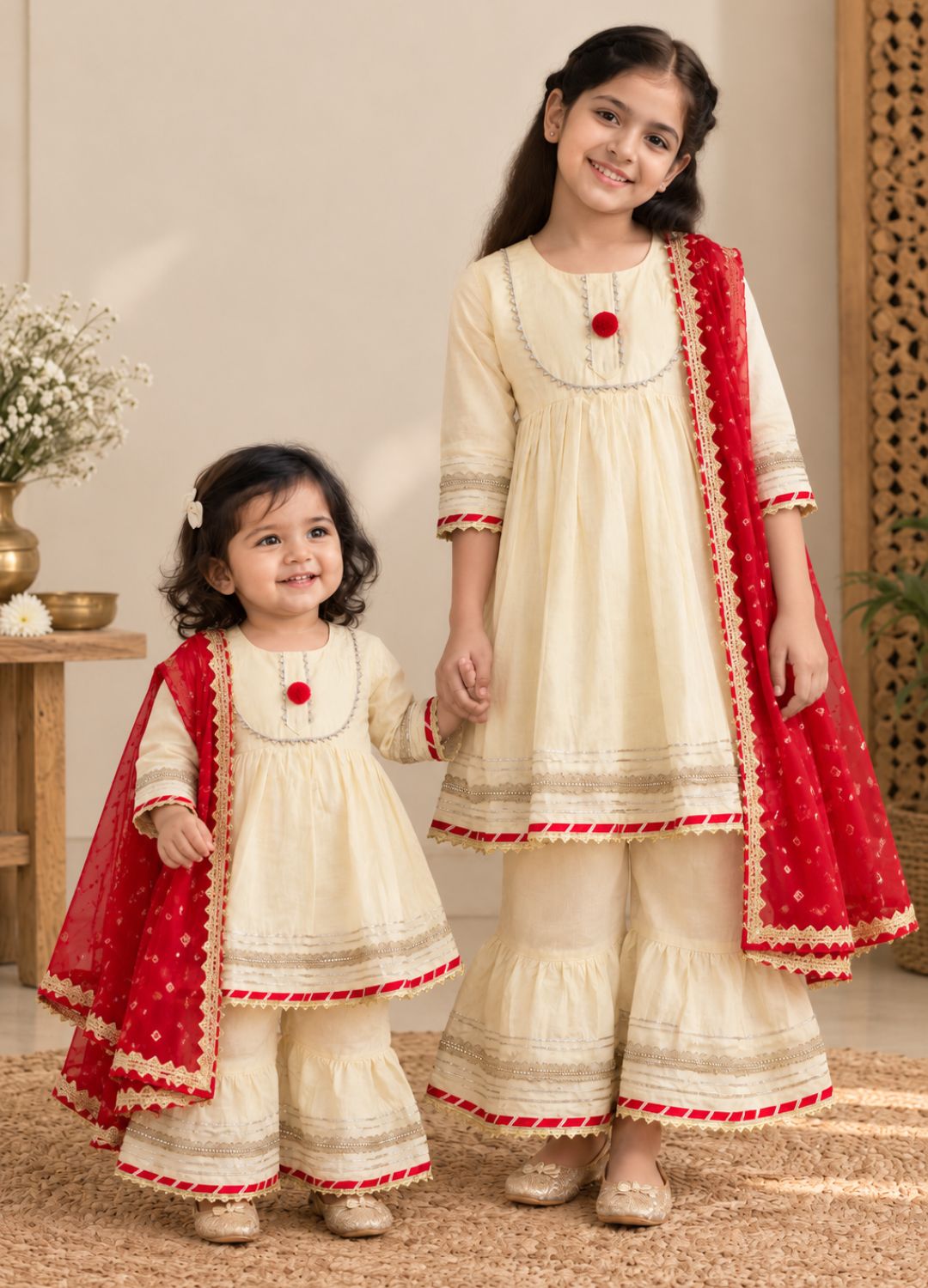 Girls Ivory & Red 100% Cotton Kurti with Sharara & Dupatta
