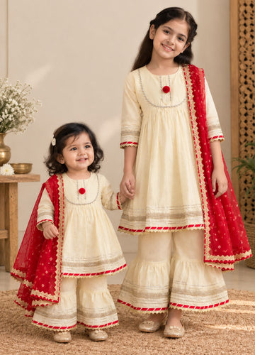 Girls Ivory & Red 100% Cotton Kurti with Sharara & Dupatta