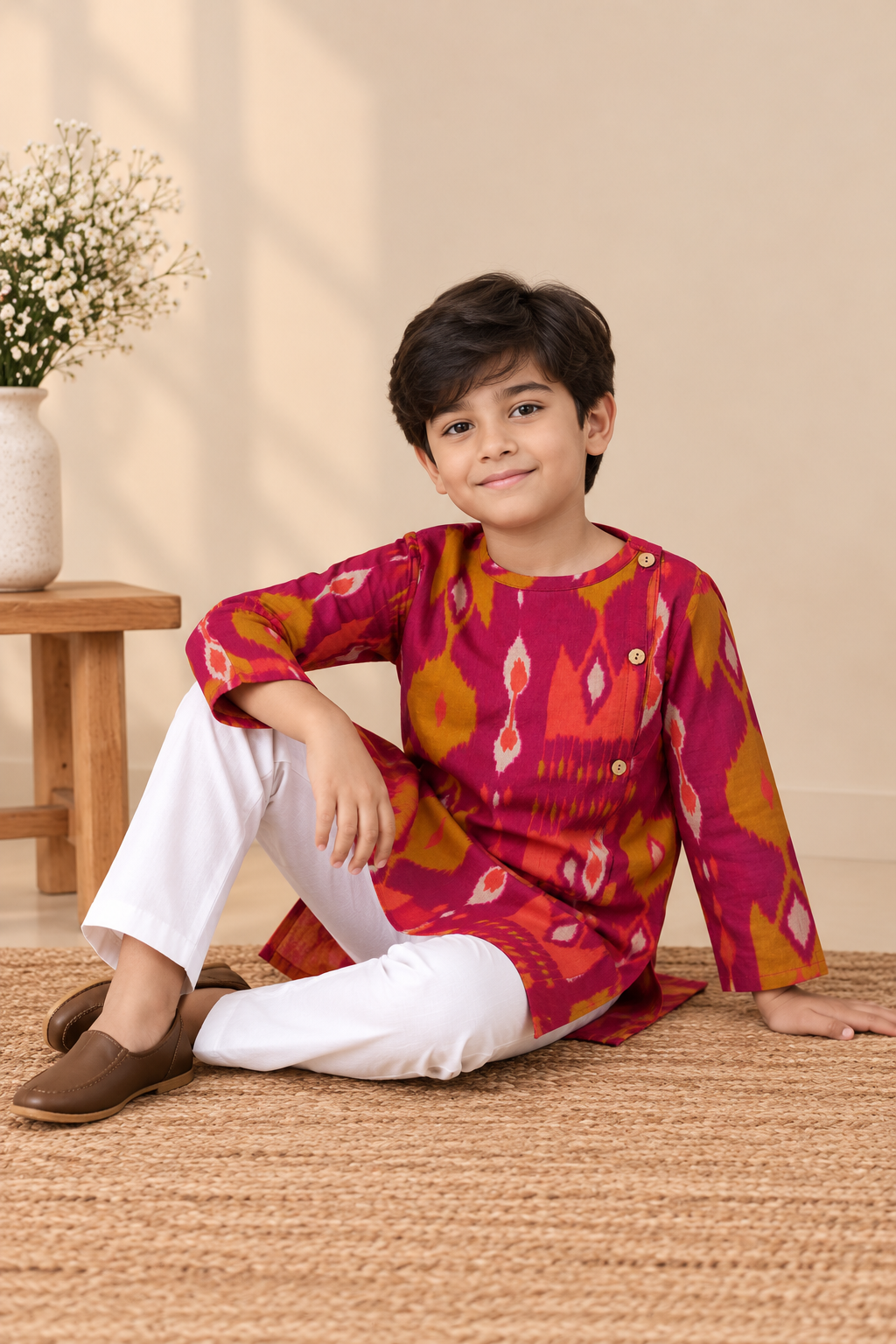 Boys Ikat-Inspired Printed 100% Cotton Kurta with Trousers