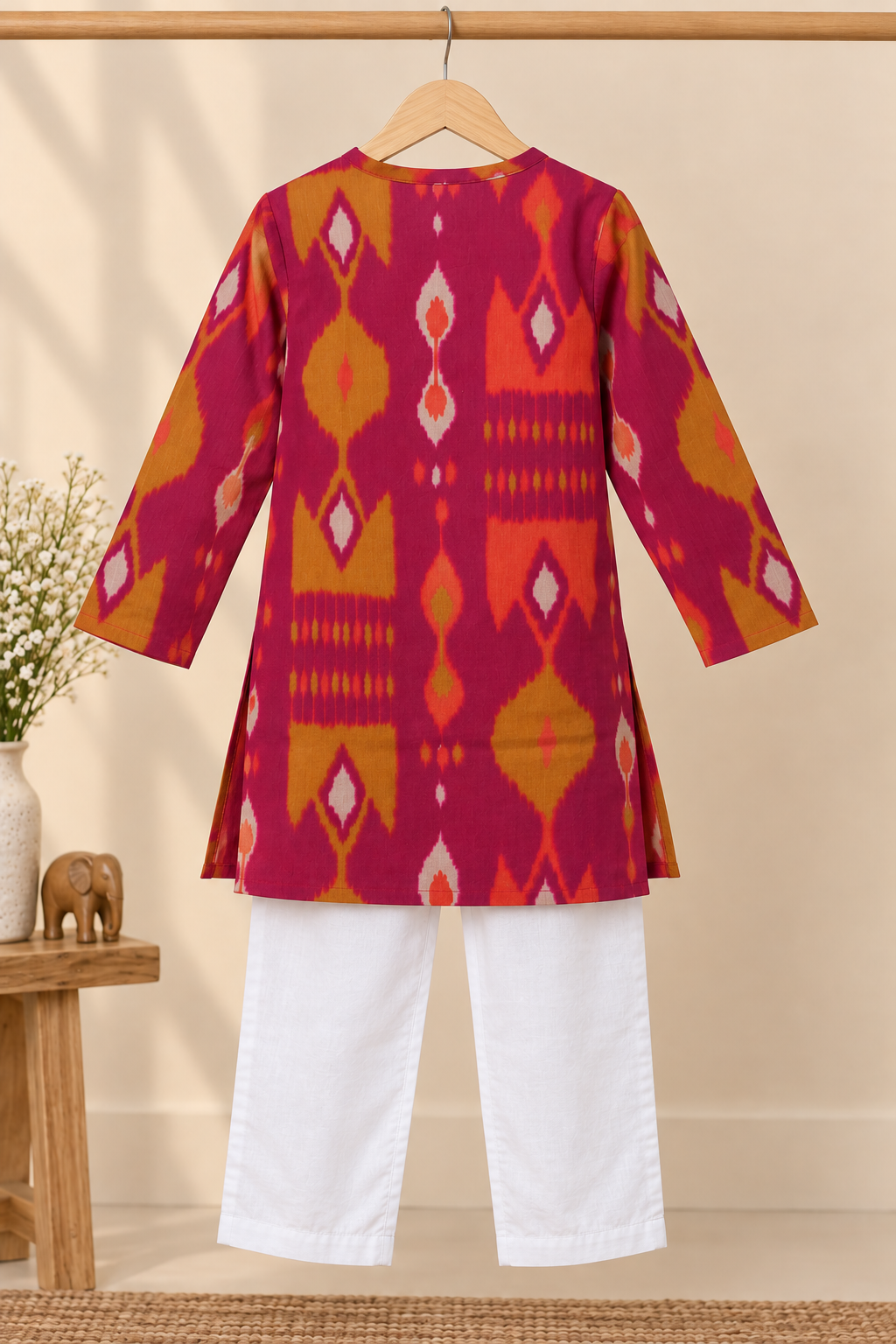 Boys Ikat-Inspired Printed 100% Cotton Kurta with Trousers