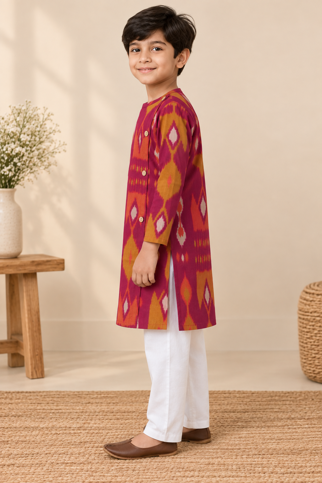 Boys Ikat-Inspired Printed 100% Cotton Kurta with Trousers