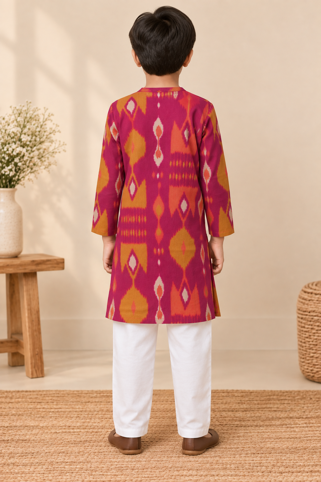 Boys Ikat-Inspired Printed 100% Cotton Kurta with Trousers