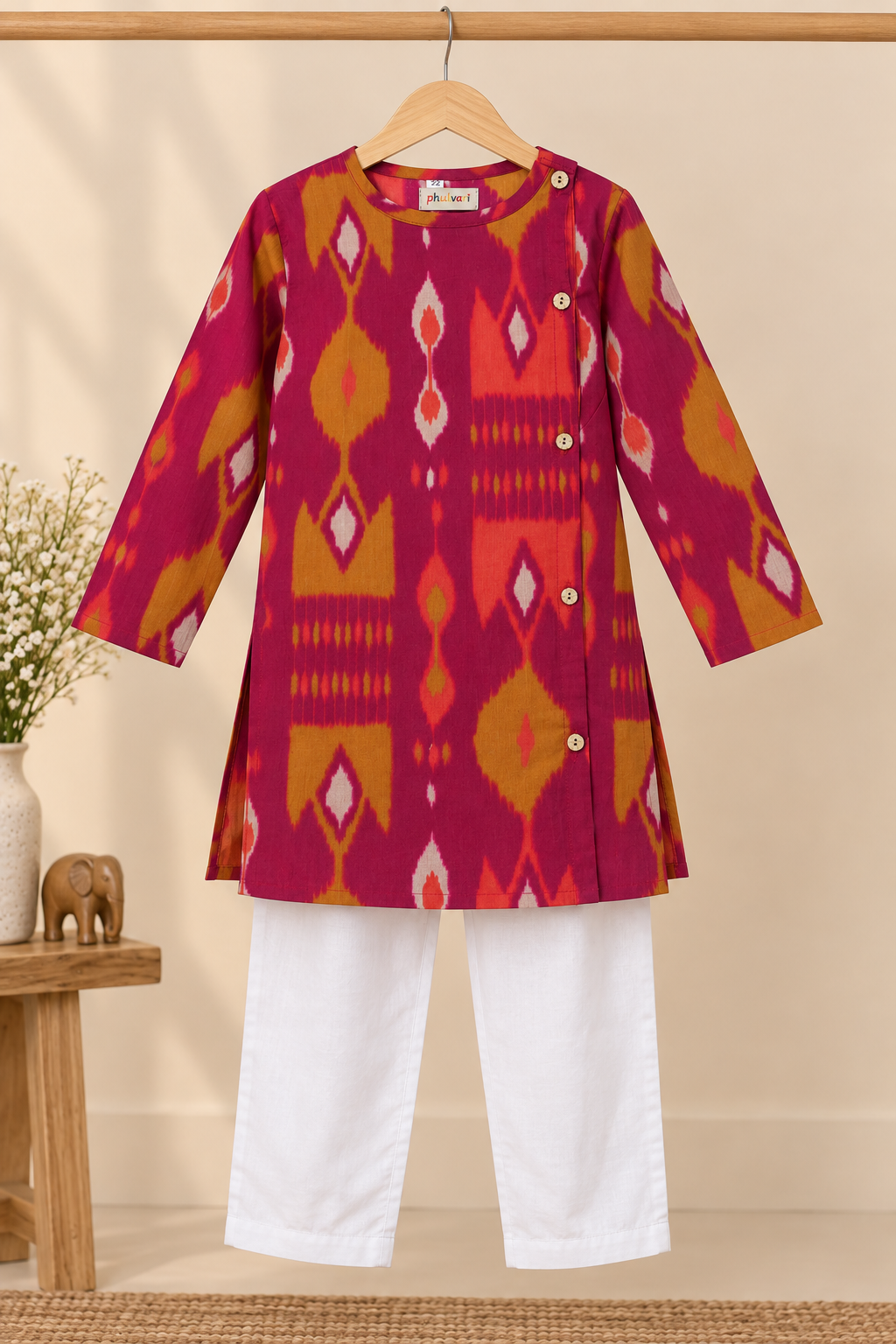 Boys Ikat-Inspired Printed 100% Cotton Kurta with Trousers