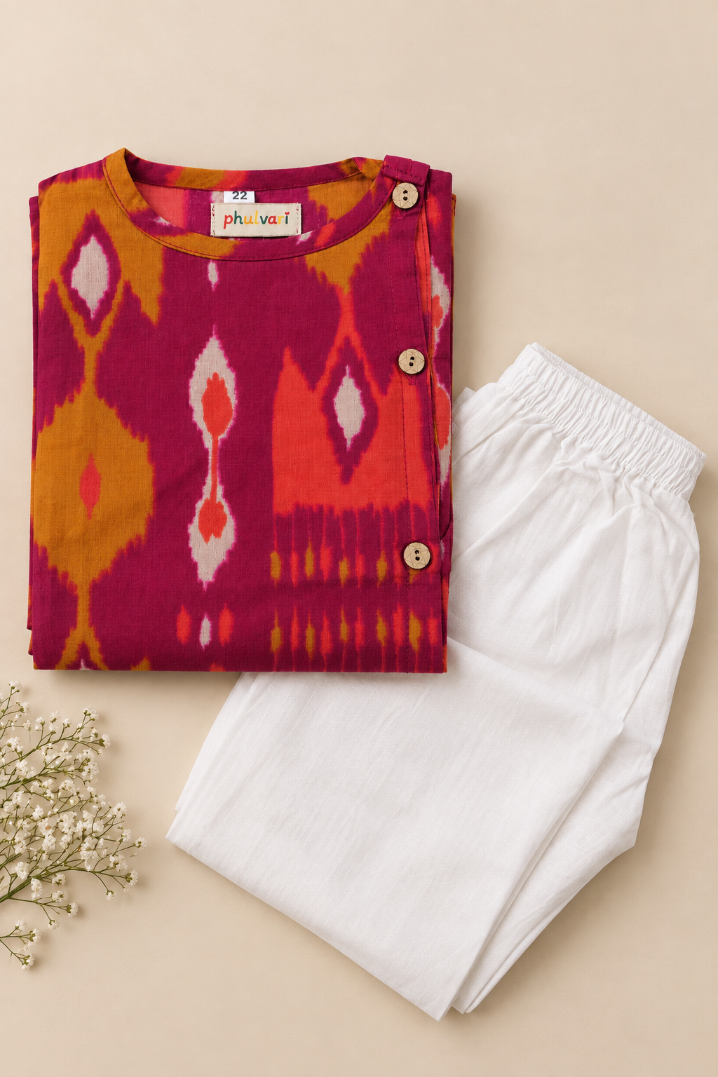 Boys Ikat-Inspired Printed 100% Cotton Kurta with Trousers