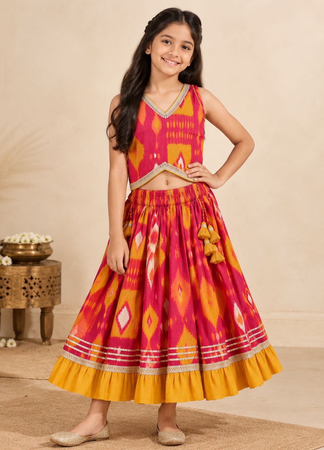Girls Ikat-Inspired Printed 100% Cotton Lehenga Choli