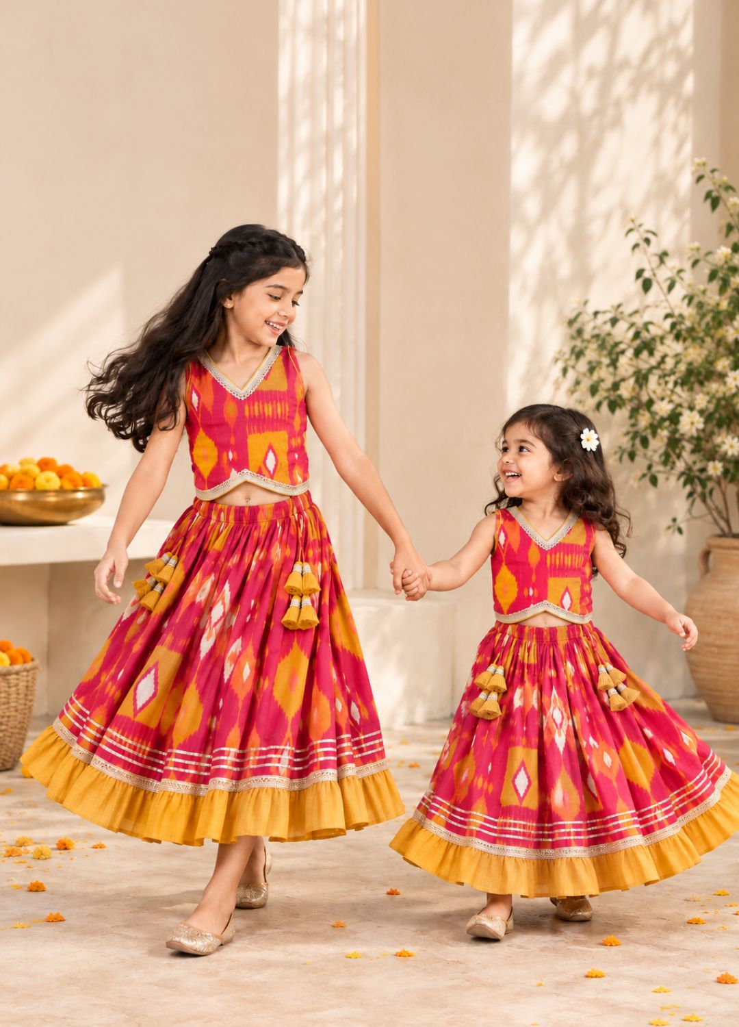 Girls Ikat-Inspired Printed 100% Cotton Lehenga Choli