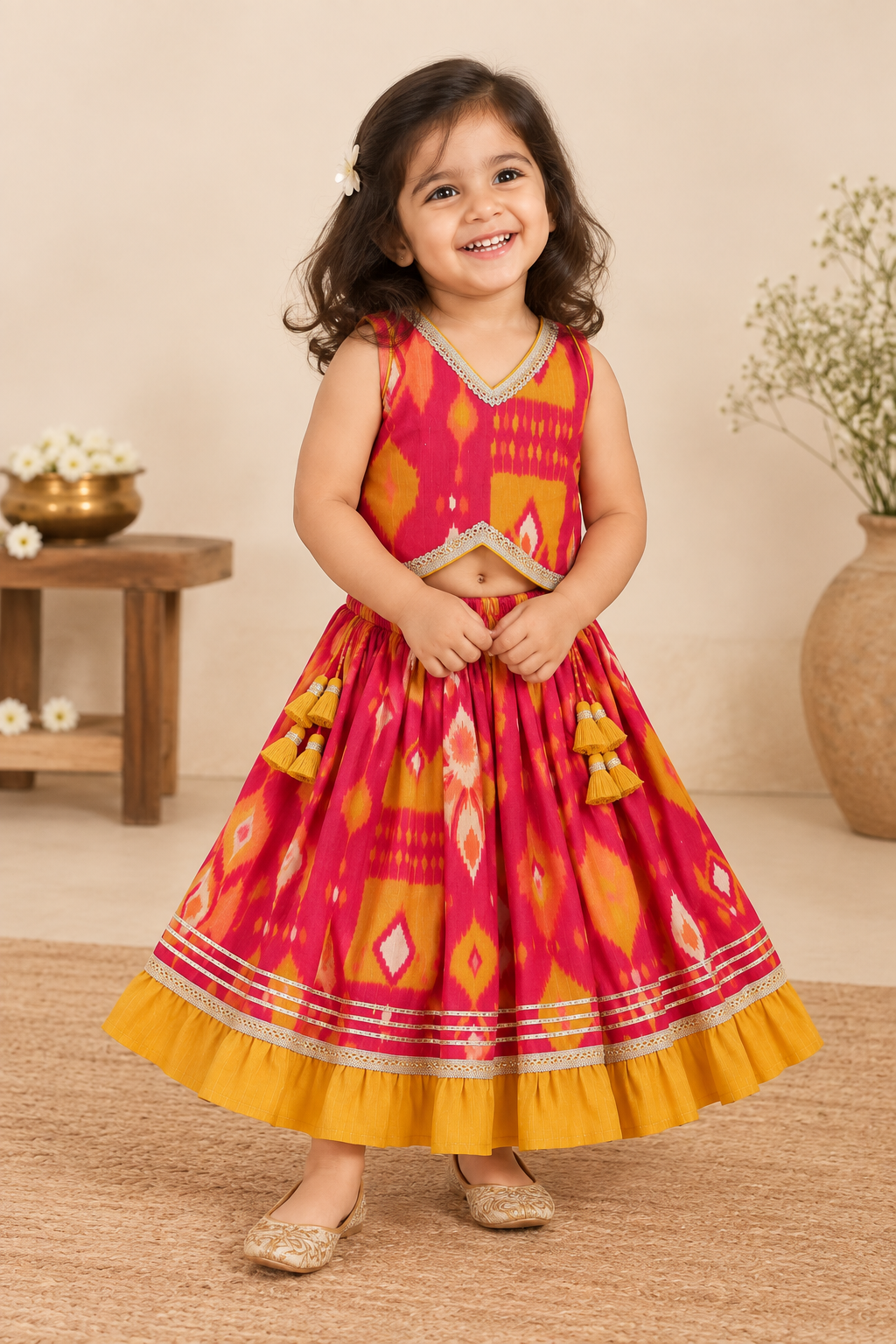 Girls Ikat-Inspired Printed 100% Cotton Lehenga Choli
