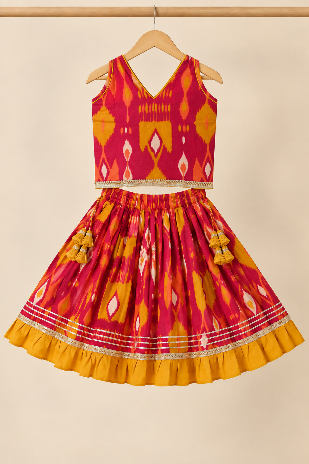 Girls Ikat-Inspired Printed 100% Cotton Lehenga Choli