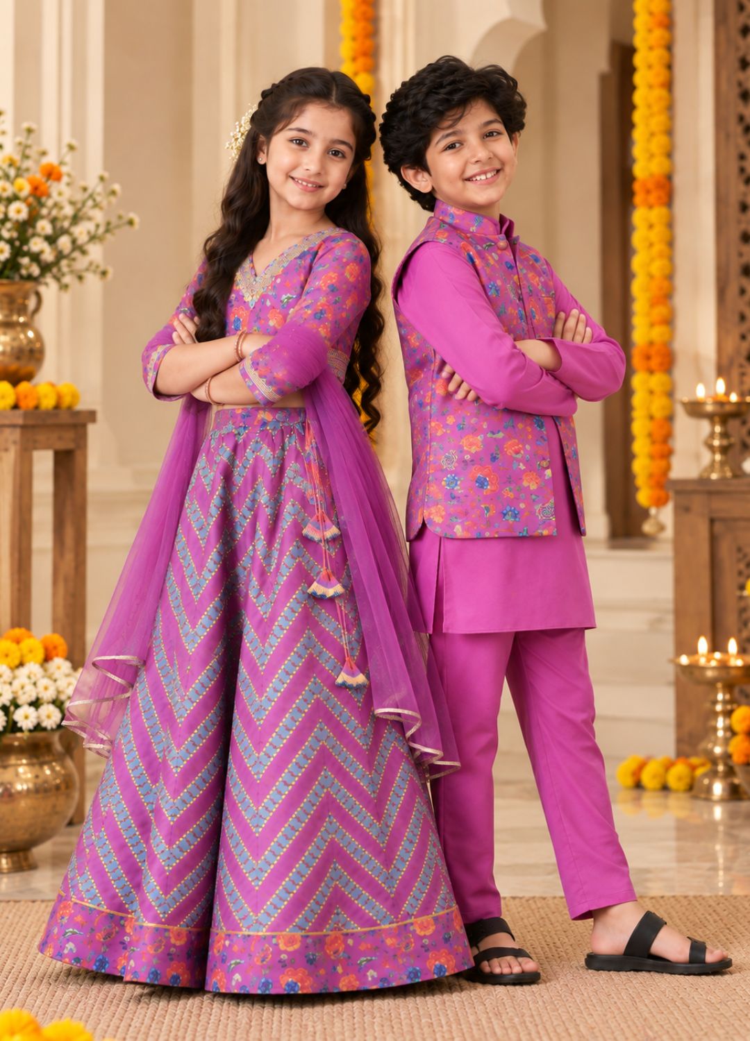 Violet Floral Sibling Lehenga Choli & Nehru Jacket Kurta Set for Kids