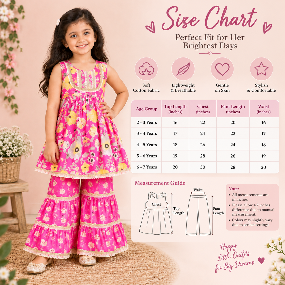 Girls Floral Printed 100% Cotton Kurti with Sharara
