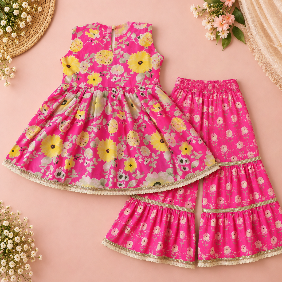 Girls Floral Printed 100% Cotton Kurti with Sharara