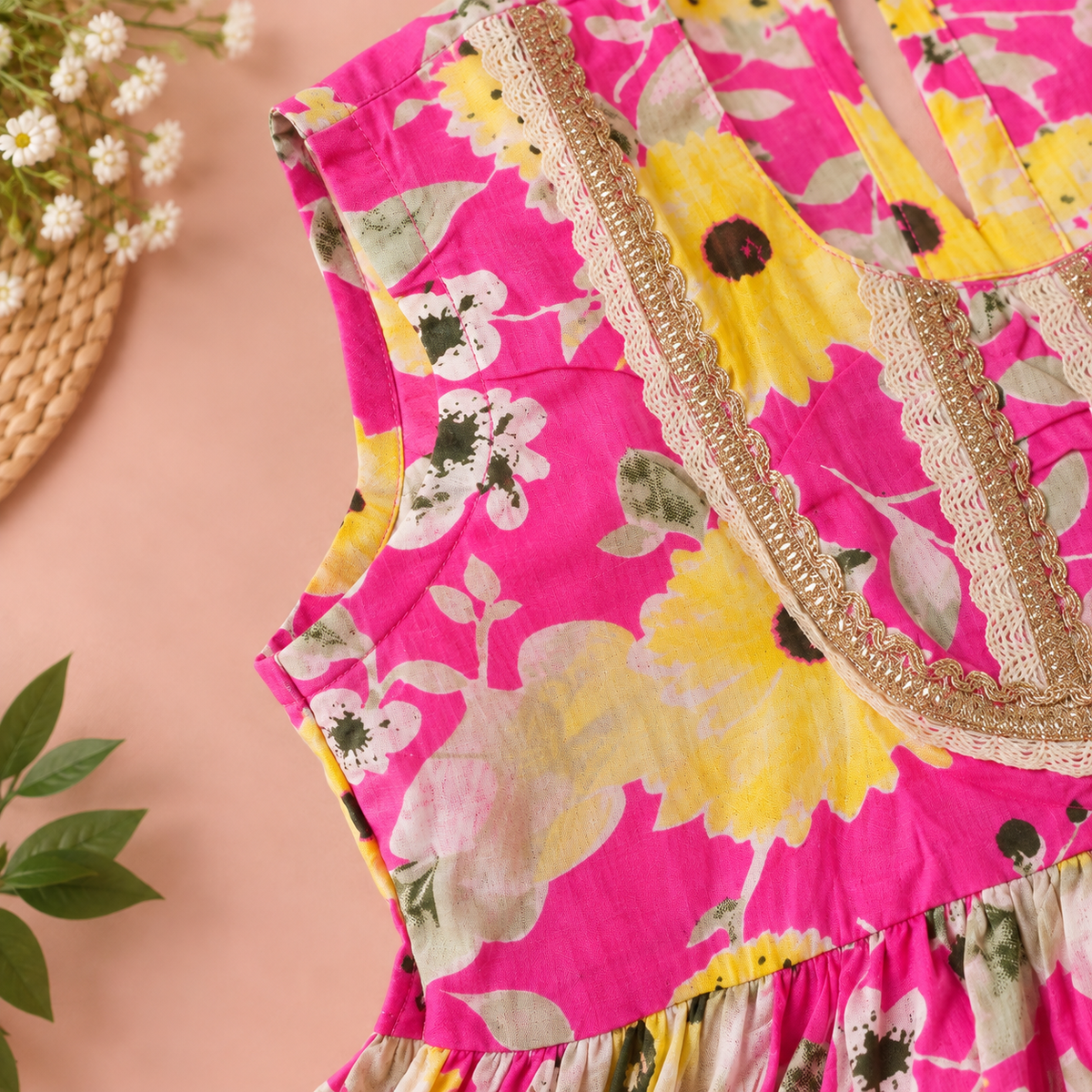 Girls Floral Printed 100% Cotton Kurti with Sharara