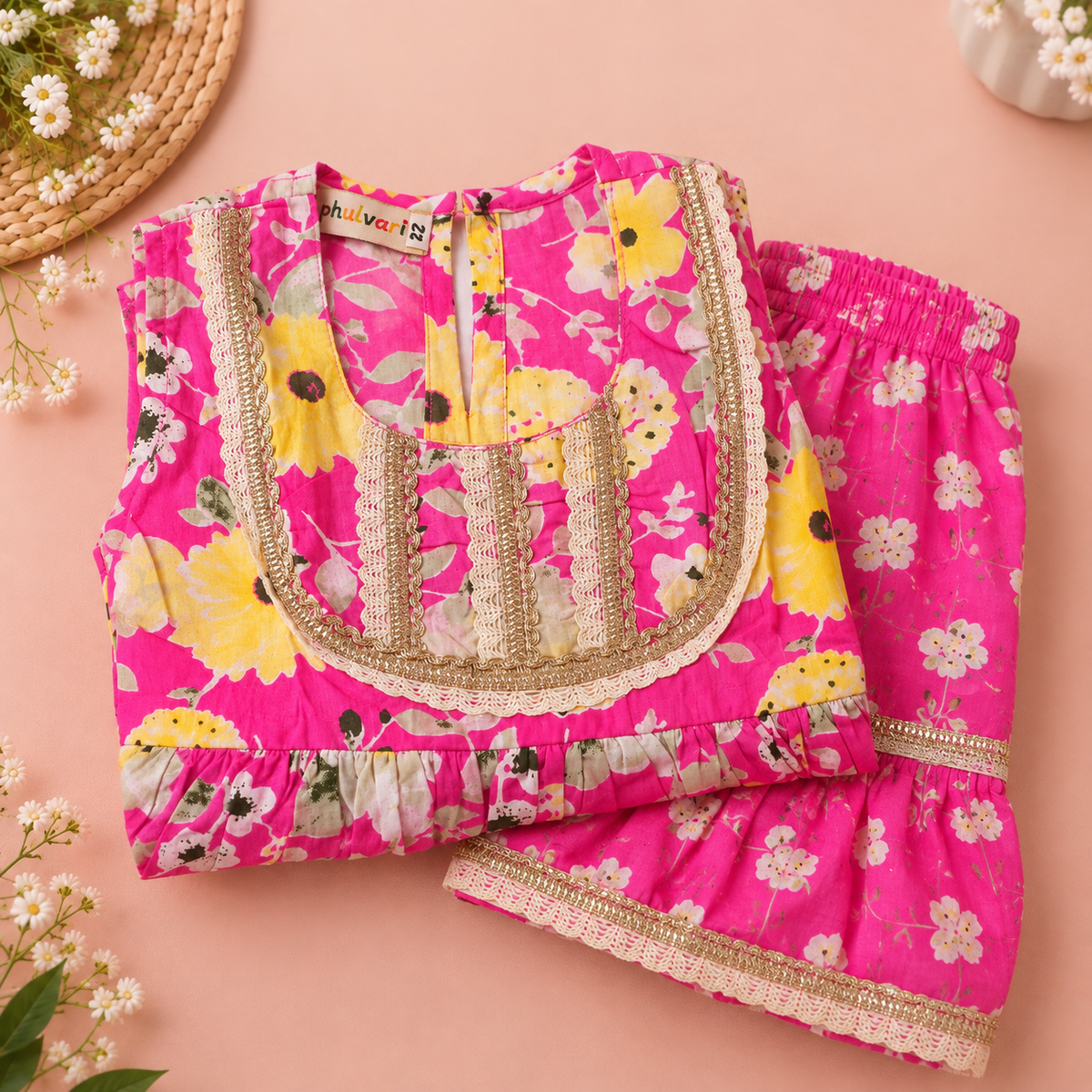 Girls Floral Printed 100% Cotton Kurti with Sharara