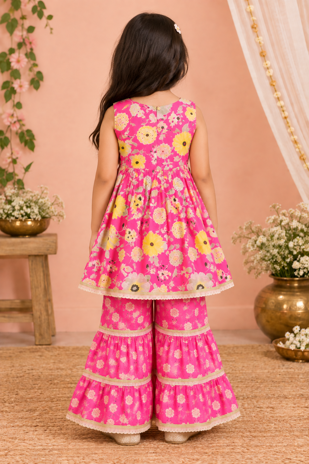 Girls Floral Printed 100% Cotton Kurti with Sharara